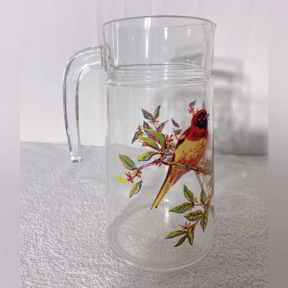 Vintage Luminarc Red Yellow Bird Glass Pitcher - Picture 9 of 13